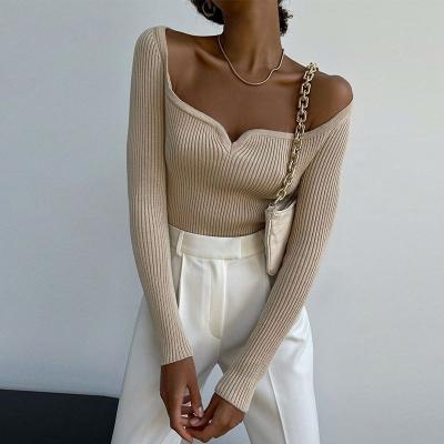 China F788-Women Sexy Long Sleeve Breathable Casual Crop Sweater Tight Square Neck Knitted Upper for sale