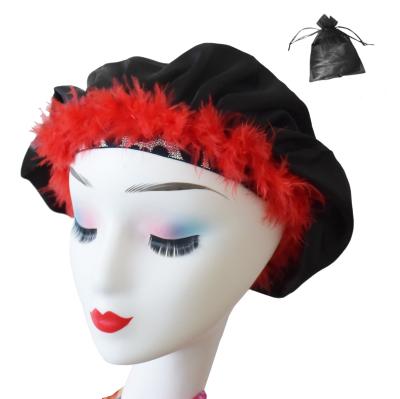 China 2020 wholesale fashion comfortable black silky satin hair bonnets with custom logo with hairy for sale