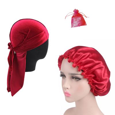 China Lightweight High Quality Red Custom Logo Velvet Satin Couple Durag And Cowl Hat Set Vendor In Bag for sale