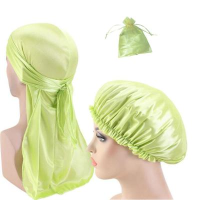 China 2020 Light Weight Neon Green Silk Custom Couple Matching Durags And Bonets Silk Set In Bag for sale