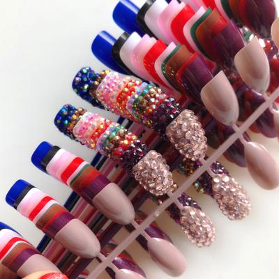 China Custom Design Wholesale 14Colors Fake Nails Full Rhinestones Glitter Stiletto Press On Artificial Fake Nails 24pcs Art Tips for sale