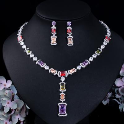 China Full Multicolor Sparkling Cubic Zircon Diamond Necklace Party Bride Jewelry Set Dress Accessories TRENDY for sale