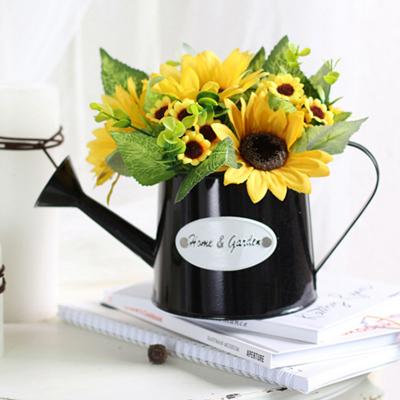 China DREA Factory New Pattern Artificial Flower Sunflowers Bonsai Durable Plastic Pot With Black Metal Watering Pot for sale