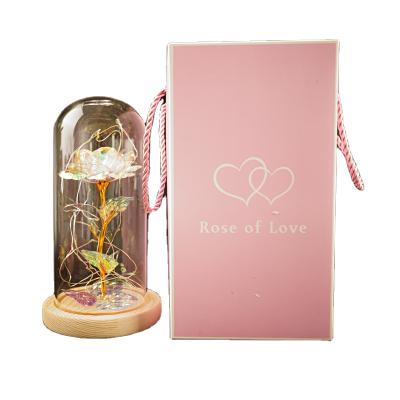 China Fashionable Portable Gift Set DREA 24k Gold Rose Flower in Glass Cover with LED Light for Office Promotion Christmas Valentine Party Gift for sale