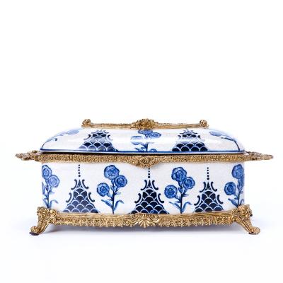 China Traditional Chinese Christmas Ornaments Luxury Rectangular Blue Ceramic Flower Pattern Tissue Box For Home Decor for sale