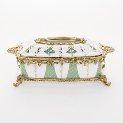 China Bohemian arts and crafts fabric pattern flower color desktop gift tableware green and white ceramic box for home decoration for sale