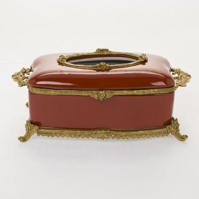 China New Chinese Style New Arrival Ceramic Home Decor Items Rectangular Shape Porcelain Red Brass Tissue Box for sale