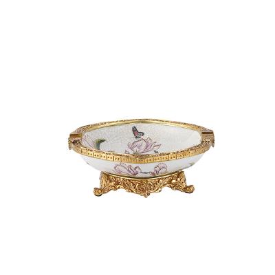 China Customized luxury decorative CLASSIC porcelain ashtrays personalized flower marble desgin with cooper edage ceramic cigar ashtray for sale