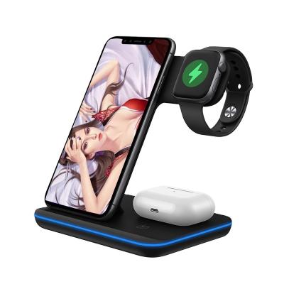 China 15W Auto Fast Charging Multifunction Wireless Charging Custom Logo LED Android Desktop Phone Support QI 3 in 1 Wireless Charger Station for Iphone 12 for sale