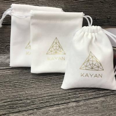 China Recyclable Custom Logo Printed White Drawstring Velvet Jewelry Pouch Bag for sale