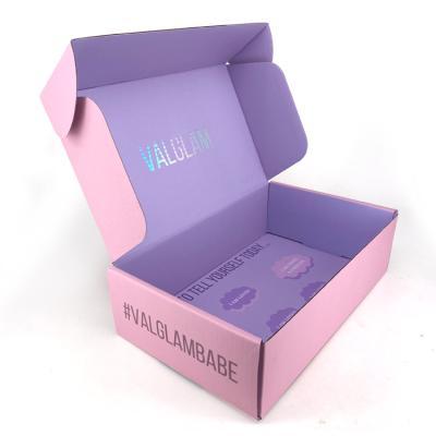 China Custom Recyclable Corrugated Holographic Pink Paper Boxes Mailer Packaging Mailing Box With Logo for sale