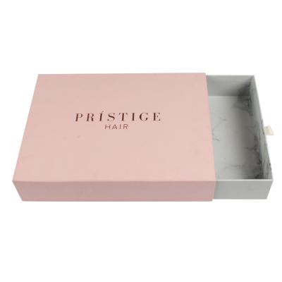 China Reused Custom Materials Yilucai Logo Slide Open Pink Elegant Hair Extension Packaging Box for sale