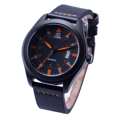 China IP Black Plating Alloy Mens Day/Date Matt Watch , Good Quality 5ATM Genuine Leather Strap Sports Mens Quartz Watch for sale