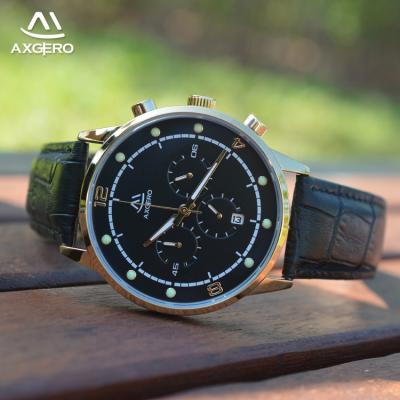 China Hot Selling Chronograph Men Rose Chronograph Gold Quartz Waterproof Genuine Leather Watch for sale