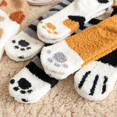 China Breathe Free Cute Cat Claw Plush Warm Women Sleep Socks Colorful Soft Cartoon Thicken Fleece Floor Coral Socks Wholesale for sale