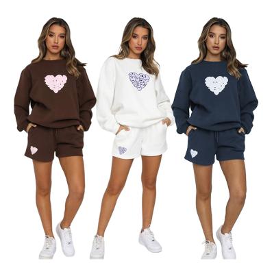 China Breathable Three Color Different Heart Screen Printing White Tracksuit 2 Piece Shorts Cotton Sweatsuits For Printing for sale