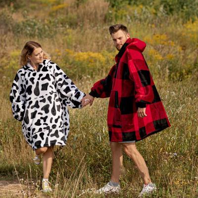 China Large Oversized Lattice Sherpa Winter Wearable Warm Cute Milk Pattern Blanket Hoodie For Couples for sale