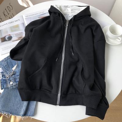 China Wholesale Anti-Wrinkle Street Wear High Quality Cotton White Heavyweight 100% Black Zipper Up Hoodies For Women for sale