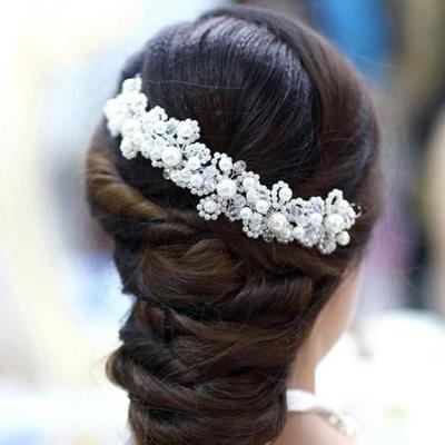 China Crystal Rhinestone Inlaid Crown With White Handmade High Quality Women Bridal Wedding Hair Clasp Beads Hair Accessories Bridal Hair Accessories for sale