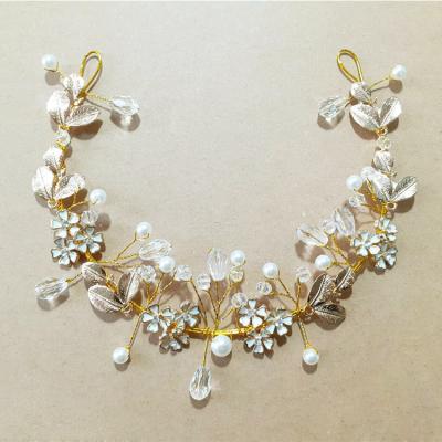 China Wedding Gold Alloy Leaf Crystal Pearl Trim Bridal Wedding Headband Flower Hair Ornament for sale