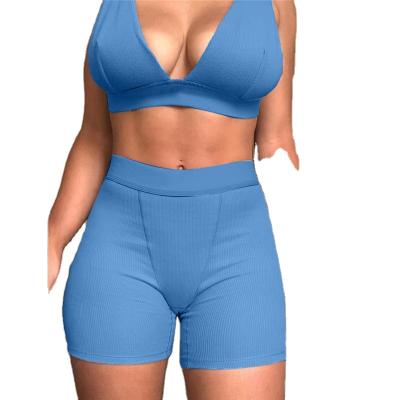 China QUICK DRY QUICK DRY RIBBED Bra With Biker Shorts Set Skinny Equipment Women Fitness Tracksuit Casual Two Piece Set for sale