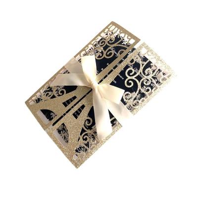 China Europe Wedding Invitation Door Bend Paris Eiffel Tower Theme Glitter Laser Cut Elegant Greeting Card for sale