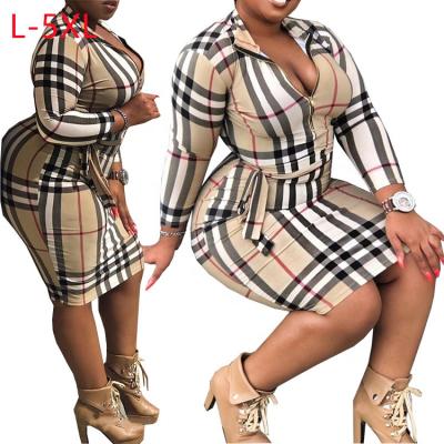 China 2021 Hot Sale Summer Fashion Breathable Plus Size Elegant Ladies Plaid Belt V-Neck Zipper Casual Dress Women's Dresses For Women for sale