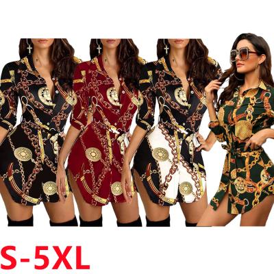 China Hot Selling 2021 Fashion Women's Dry Cleaning Dresses 5xl Single Button Chain Print Belt Single Button Loose Casual Shirt Dress For Women for sale