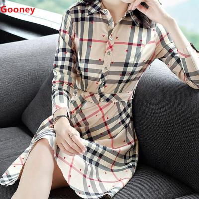 China 2021 Summer Casual Women's Plaid Dress Heart Printing Cotton Ladies Belt Button Long Sleeve Luxury Shirt Dresses Anti-Static For Women for sale