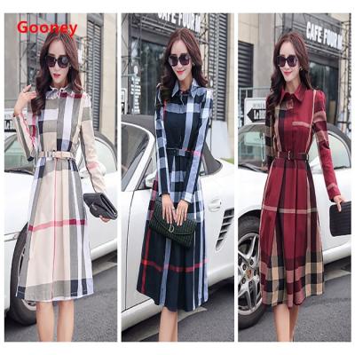 China Famous Women's Casual Dress 2021 Summer Plaid Cotton Ladies Anti-Static Belt Long Sleeve Designer Stripe Shirt Elegant Dresses For Women for sale