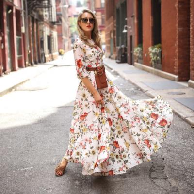 China 2021 Summer Hot Sale Anti-Static Fashion Women's Elegant Floral Print Half Long Dress Sheathed Belt Beach Maxi Dresses For Women for sale