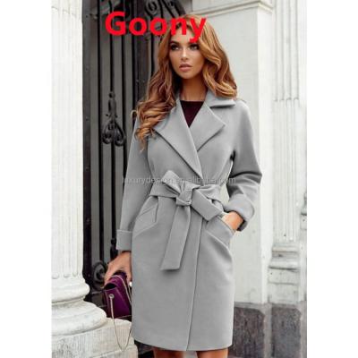 China 2021 winter fashion sale Anti-wrinkle woolen coat solid color coat lapel belt warm high quality wool mid length for women for sale