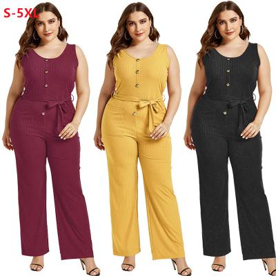 China Plus Size Casual Belted Pocket Leg Button Overalls 2021 Summer Hot Sale Ladies Long Pure Color Wide Leg Pants Straight For Women Overalls for sale