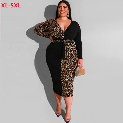 China 2021 New Arrival Sashes Leopard Print Patchwork Elegant Casual Size 5xl Woman Breathable Long Sleeve Midi Dress Plus Sleeve Lady Dresses For Women for sale