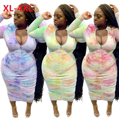 China Fashion 2021 Breathable Plus Size Floral Print Pleated V-neck Zippers Bodycon Casual Long Sleeve Dress Women's Slim Dress For Women for sale