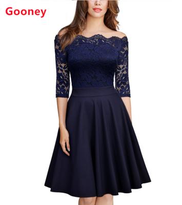 China 2021 New Arrival Fashion Women's Breathable Casual Dresses Off The Shoulder Solid Color Elegant Lace Half Sleeve Pleated Dresses For Women for sale