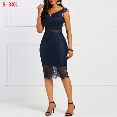 China 2021 breathable new fashion hot sale plus size women's dresses 3xl sheer color slash neck bodycon elegant ladies lace up mid dress for women for sale