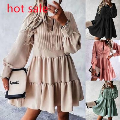 China 2022 New Arrival A Mini Dress For Womens Long Sleeve Viable Short Line Plaid Ruffled Casual Button Skirt Loose Dress For Woman for sale