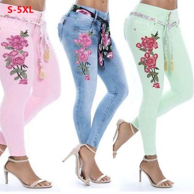 China Bestselling 2021 Plus Size Women's Pants Fashion High Elastic Floral Embroidered Highwaist Denim Pants For Women Jeans for sale