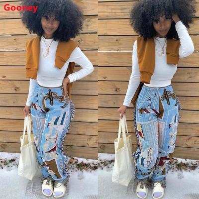 China New Arrival Fashionable Women Breathable Pants Printed Tassel Straight Girls Waist Casual Fringed Stacked Elastic Trousers For Women for sale