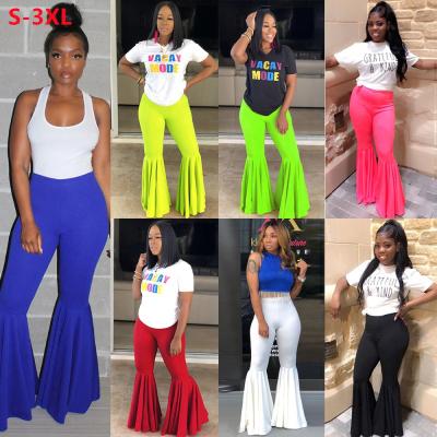 China 2021 New Fashion Women's Casual Women's Slim Pleated Elastic Waist Solid Color Breathable Pants High Flared For Women Plus Size Pants for sale