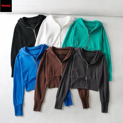 China 2021 New Arrivals Autumn Women's Sweater Zipper Anti-Wrinkle With Causal Double Zipper Solid Color Hooded High Waist Crop Top For Women Hoodies for sale