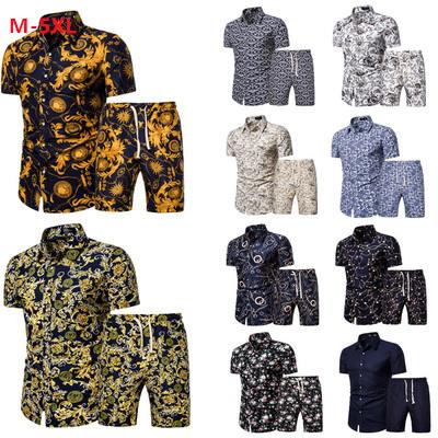 China 2021 Hot Selling Men's Plus Size Floral Printed Two Pieces Suit Plus Size Casual Shirts Short Sleeve Beach Wear Suit Sets For Men for sale