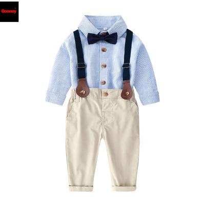 China 2021 New Arrival Fashion Formal Kids Clothes Boy 2 Piece Set Long Sleeve Button Down Shirt Suits Tuxedo Bow Tie Stripe Suspender Pants for sale