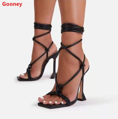 China 2021 Summer Hot Sale Breathable Ladies Shoe Sandals Open Up Women's Elegant Chunky High Heels Lace Up Shoes Solid Color Square Toe For Women for sale