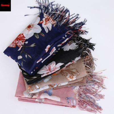 China 2021 Wholesale New Fashion Custom Print Women's Wool Women's Tassels Floral Viscous Shawl Cotton Printed Scarves For Lady for sale