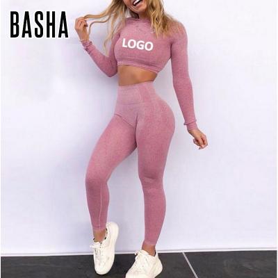 China BASHAsports 2023 Seamless Sportswear Design Logo Butt Lift Yoga Leggings Long Sleeve Fitness Crop Top Breathable Custom Yoga Suit For Women for sale