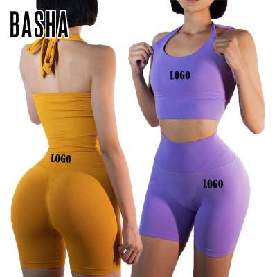 China BASHAsports Breathable 2023 Custom Neck Design Hanging Bra Shorts Set Yoga Top Suit Shorts Sexy Womens Fitness Breathable Sportswear for sale