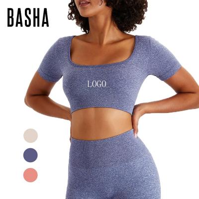 China BASHAsports 2023 New Sleeve Exercise Solid Color Yoga T-shirt Breathable Tops Fitness Tight Short Training Tops Running Clothing Women for sale