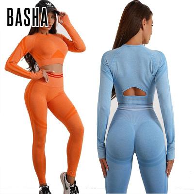 China BASHAsports Breathable 2023 Seamless Fitness Yoga Set Sports Long Sleeve Yoga Suit Pants Workout Clothes For Women 2 Piece Set for sale